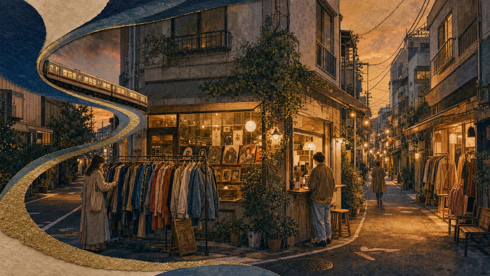 Illustrated guide comparing vintage shopping trips from Ikebukuro to Shimokitazawa and Koenji
