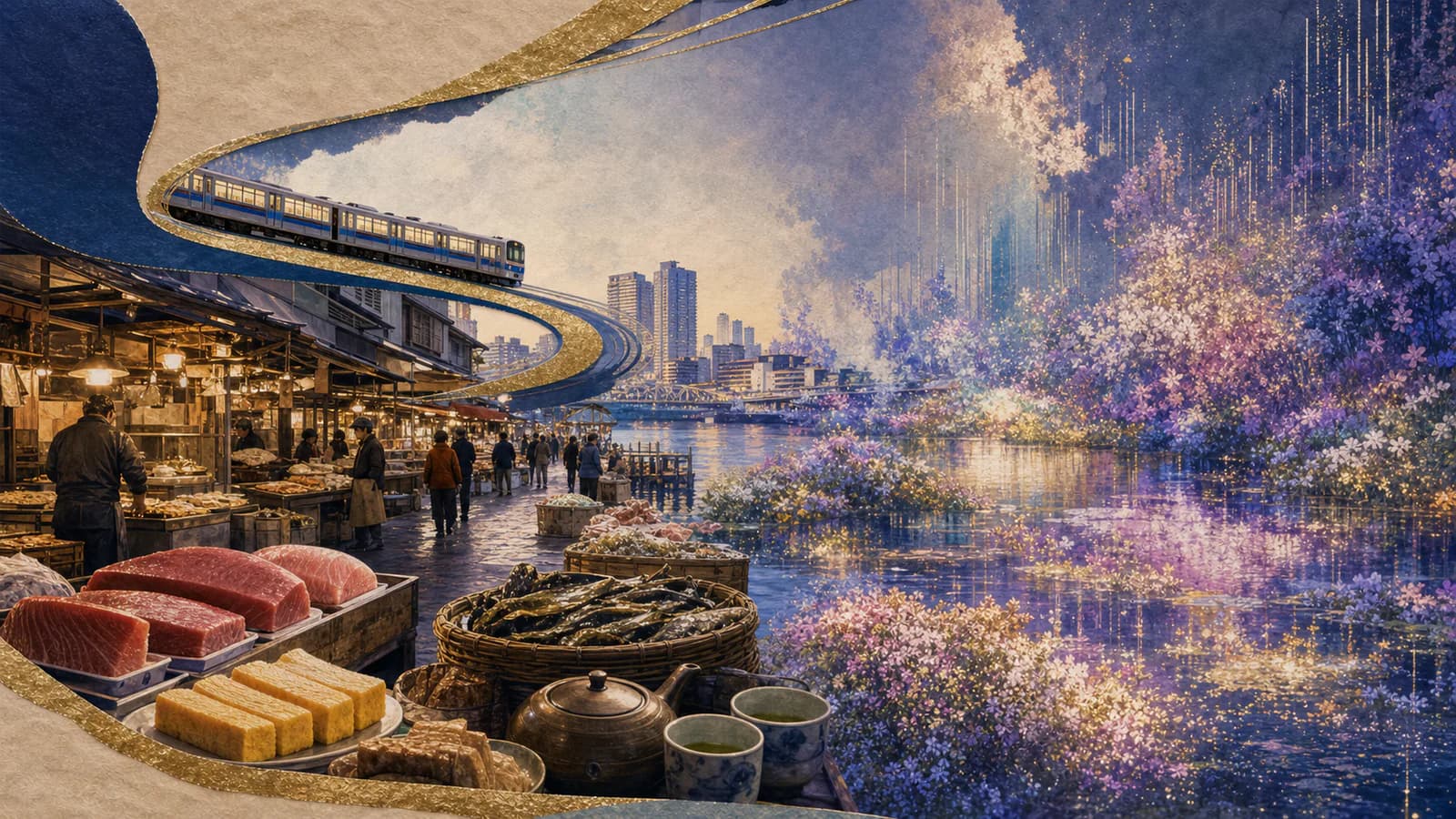 Illustrated route plan from Ikebukuro to Tsukiji Outer Market and teamLab Planets in Toyosu