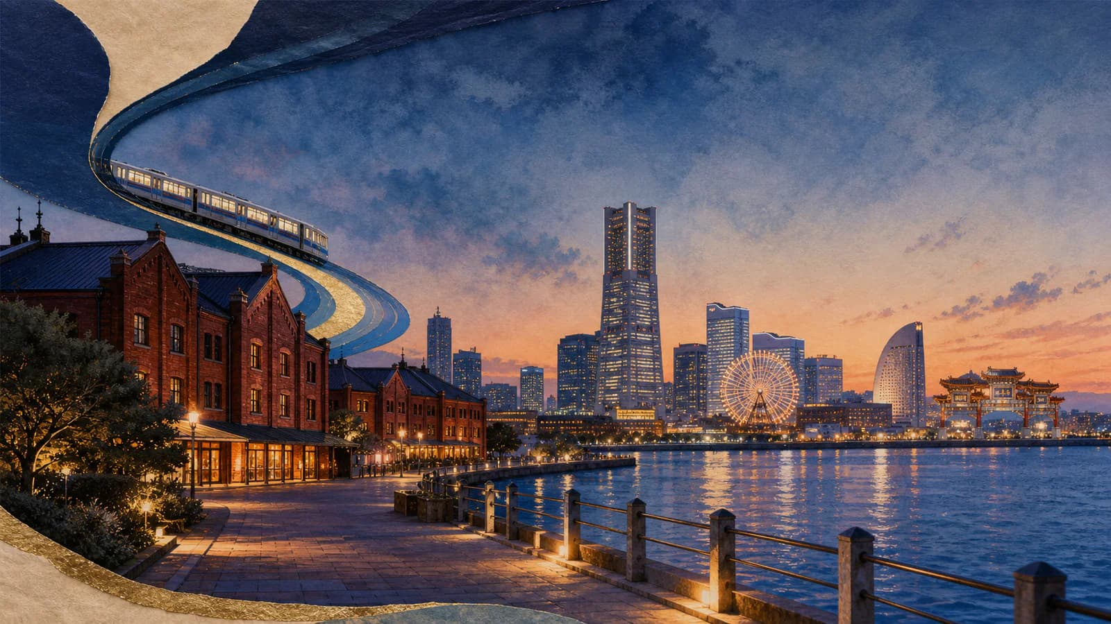 Illustrated direct train and waterfront day-trip guide from Ikebukuro to Yokohama